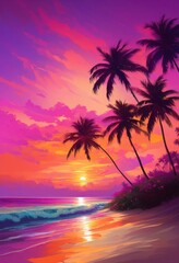 tropical beach scene featuring vibrant sunset hues lush calming exquisite color gradients sky, palms, waves, ocean, sand, shoreline, clouds, horizon