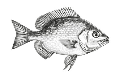 Fish sketch dorado gilt-head bream. Vintage retro print, black white gilt-head bream fish sketch ink pencil style drawing, linear drawing, engrave old school. Sketch artwork dorado fish. Illustration