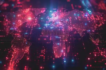 Obraz premium Digital world map, global communication theme, tech background, holographic light.