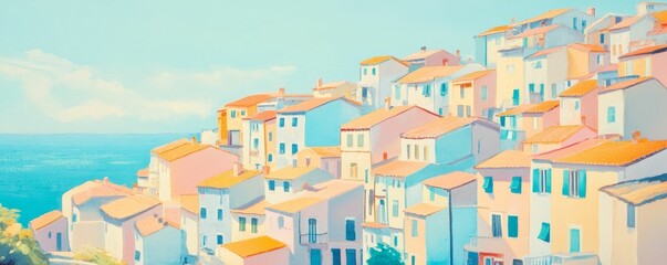 Naklejka premium Pastel seaside town with blue sea.