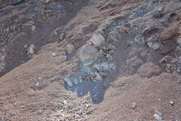 a part of rock is in the dirt with some stones isolated close up