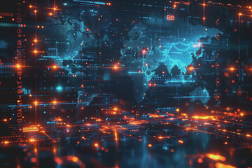 Fototapeta premium Digital world map, global communication theme, tech background, holographic light.