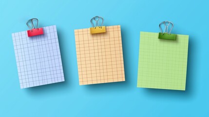 Three colorful notes with binder clips on a blue background