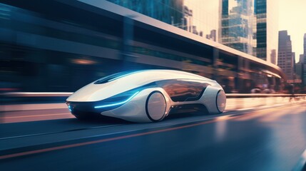 Obraz premium A sleek autonomous vehicle glides through a modern cityscape, reflecting futuristic innovation and cutting-edge design.