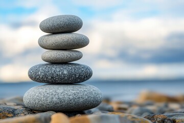 Harmony of Nature: Zen Stone Pyramid Meditation Concept in Grey Abstract Background