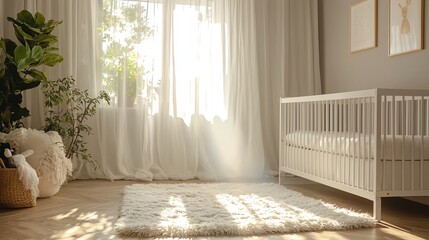 Cozy neutraltoned nursery with soft gray walls, white crib, and a fluffy rug, sunlight filtering through curtains, wide shot