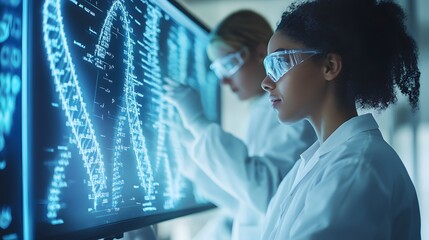 Scientists Examining DNA Structure on a Computer Screen