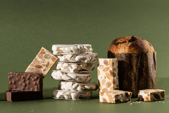 Assorted Christmas sweets and festive nougat arrangements
