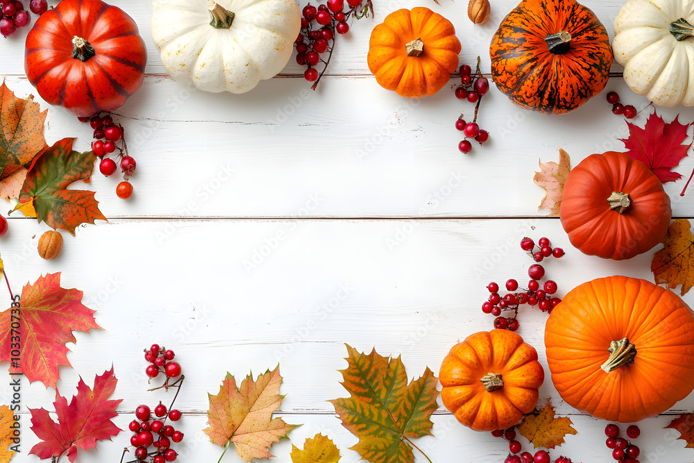 Wall mural Festive autumn decor from pumpkins, berries and leaves on a white wooden background. Concept of Thanksgiving day or Halloween. Flat lay autumn composition with copy space.