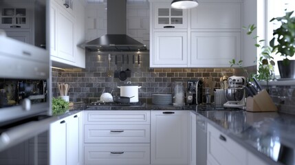 A stylish kitchen featuring white cabinets, soapstone countertops