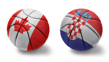 basketball balls with the national flags of croatia and canada on the white background.