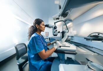 A female doctor in scrubs looks through the eyepiece of a medical device in a sterile room.