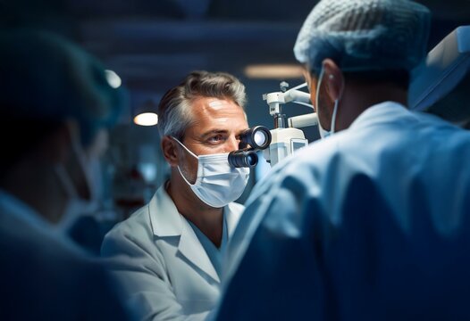 A surgeon with a white coat and a mask looks through a magnifying glass attached to a medical device.