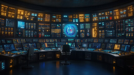 high tech control room filled with digital monitors displaying various data and graphics, creating futuristic atmosphere. room is dimly lit, emphasizing glowing screens and controls