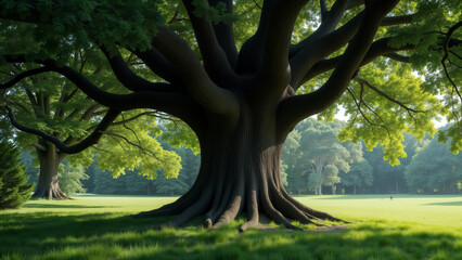 Unique Perspective of Half of a Grand Tree Highlighting Its Intricate Details and Lush Foliage