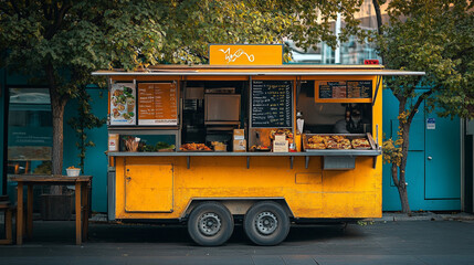 Bright yellow food truck serving delicious snacks in a bustling urban area during the day