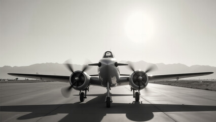 Fototapeta premium Timeless Aviation: A Classic Black and White Photograph of an Airplane Pulled Up to a Bat on a Sunny Day