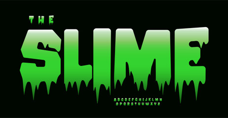 Green slime alphabet, gooey dripping font, cartoon horror typeface, spooky playful font for Halloween party designs, spooky fun Halloween or kid designs. Vector typeset.