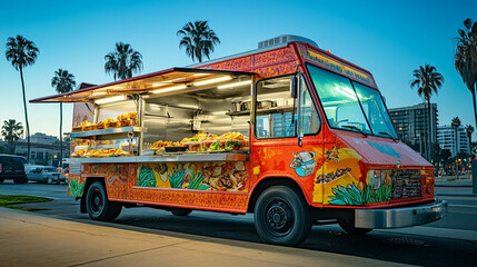 Colorful food truck serving delicious snacks by the beach at sunset near palm trees