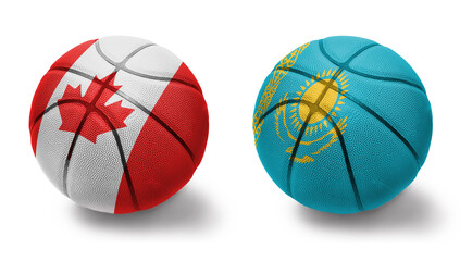 basketball balls with the national flags of kazakhstan and canada on the white background.