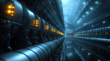 Obraz premium High tech fuel refinery with intricate pipelines and glowing lights creates futuristic atmosphere. complex design showcases advanced engineering and technology