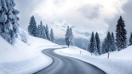 Fototapeta premium Snowy mountain road, winding up the Alps in Switzerland, foggy and snowing, beautiful scenery, cinematic.