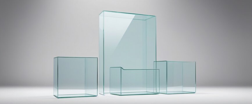 Glass Podium for Product Display: A minimalist 3D rendering of a sleek, modern glass podium set, perfect for showcasing products or awards.