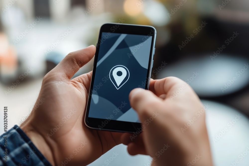 Aufkleber a hand holds a smartphone with a prominent location pin displayed, indicating a search for a specifi