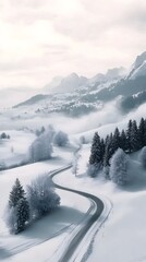 Fototapeta premium Snowy mountain road, winding up the Alps in Switzerland, foggy and snowing, beautiful scenery, cinematic.