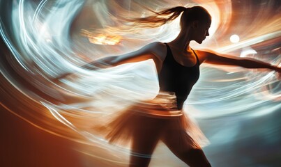 Silhouette of ballerina spinning with light trails.