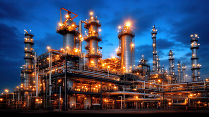 Fototapeta premium Refinery at night with bright lights illuminating complex fuel structures, showcasing intricate design and industrial beauty of facility