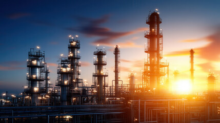 Refinery at night with bright lights, showcasing industrial structures against vibrant sunset. scene captures essence of energy production and technological advancement