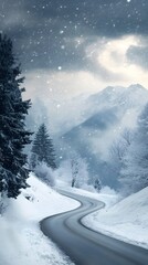 Snowy mountain road, winding up the Alps in Switzerland, foggy and snowing, beautiful scenery, cinematic.