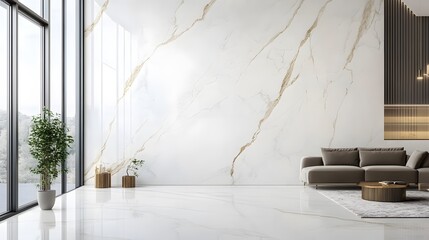 A smooth, polished marble wall with subtle veins of gold and gray running through the pristine white surface, reflecting light with a soft, luxurious sheen.