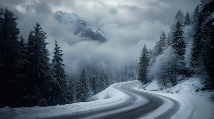 Snowy mountain road, winding up the Alps in Switzerland, foggy and snowing, beautiful scenery, cinematic.