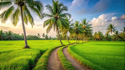 Scenic pathway through green field with palm tree background