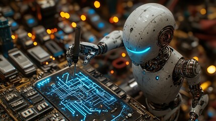 Robot working on a circuit board design.