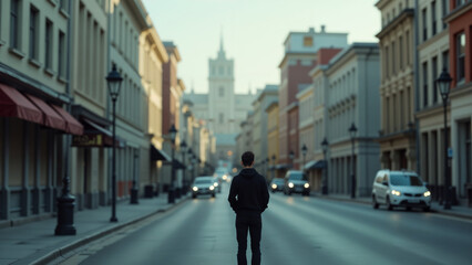 A Casual Urban Scene Featuring a Guy Observing Diverse Buildings Across the Street