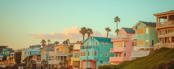 Obraz premium Pastel houses and palm trees on a hillside.