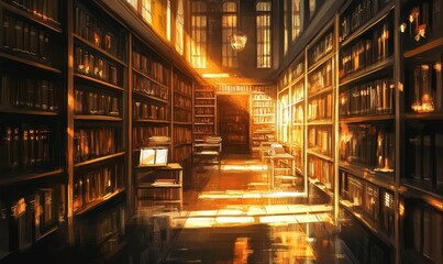 A warm, sunlit hallway lined with bookshelves.