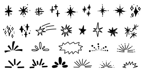 Glittering stars sparkling hand drawn doodle scribble grunge sketch set. Monochrome cloud underline lights, speech bubble.
