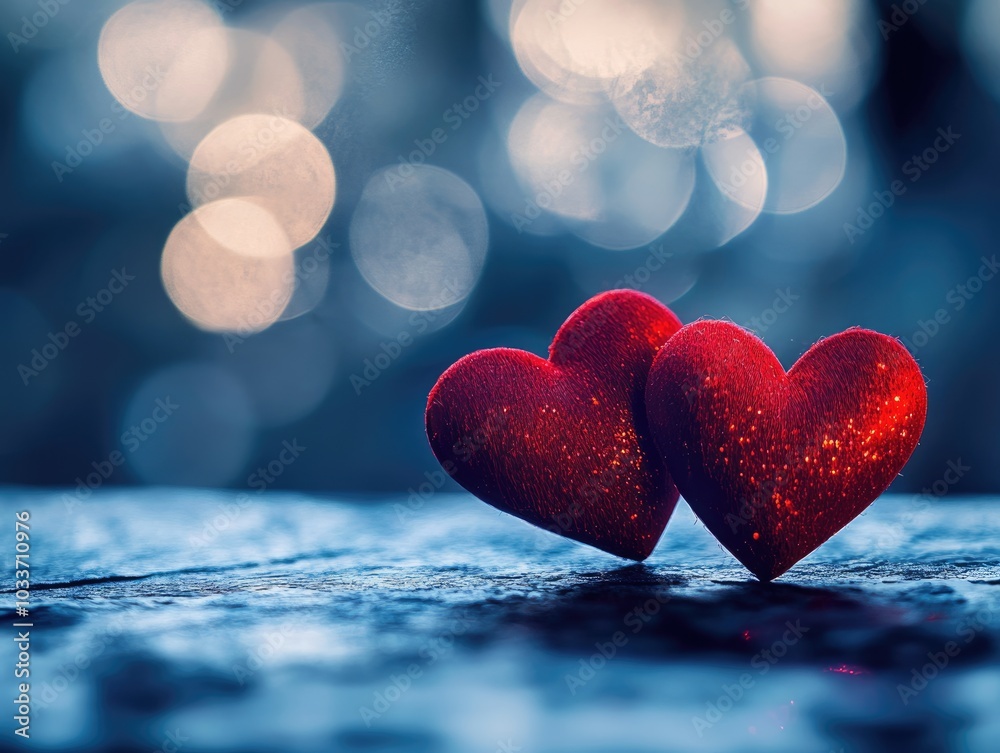 Wall mural romantic nubes. red hearts illuminated in bokeh night