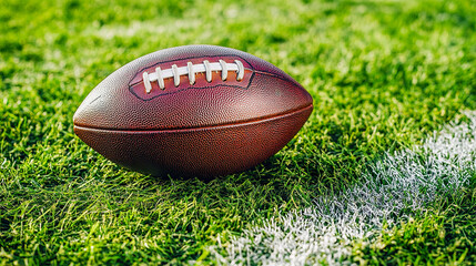 Obraz premium Close up of American football resting on vibrant green field