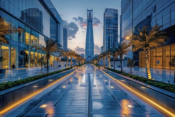 Fototapeta premium A vibrant view of Riyadh, the capital of Saudi Arabia, showcasing the city's stunning skyline and modern architecture. A representation of urban development and commercial growth, reflecting the dynam