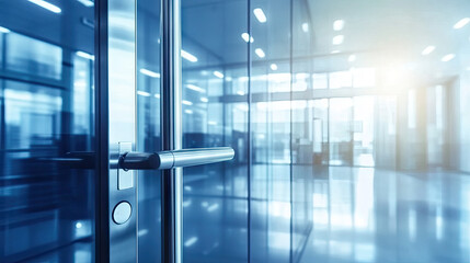 Close-up of a brushed aluminum door handle on a silver door, with glass panels reflecting light, in a modern office setting --chaos