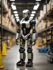 portrait of future robot in the warehouse 