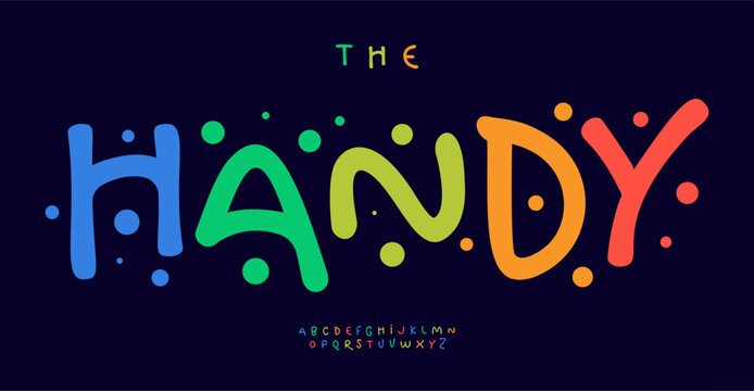 Handdrawn playful lettering, colorful bouncy typeface, colorful marker font for kid designs, vibrant branding, cheerful modern typography. Vector typeset.