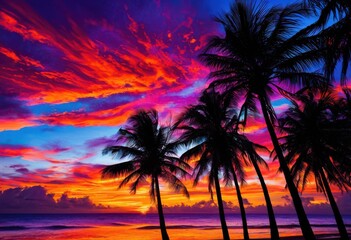 Obraz premium stunning vibrant palm silhouette set breathtaking sunset backdrop radiant colors unique textures, blue, sky, tree, branch, cloud, shadow, light, orange, red