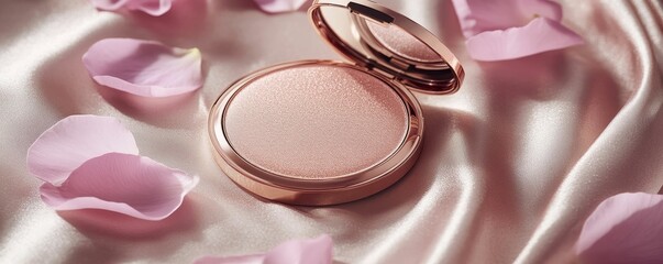 Rose petals and compact on satin fabric.