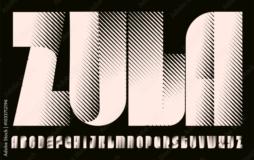 Aufkleber Geometric striped alphabet, retro modern display font, bold logo type with 3D effect, impactful headline typography, sharp and dynamic poster design. Vector typeset.